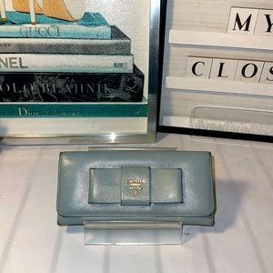 Authentic PRADA Saffiano Leather Fiocco Long Wallet Aqua GUC